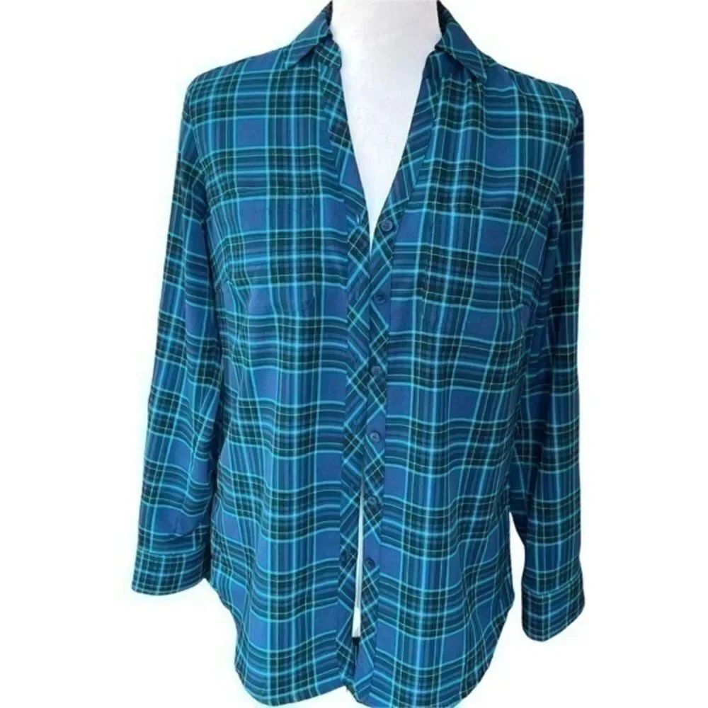 Talbots petite womens Navy Teal Black plaid button down shirt size S